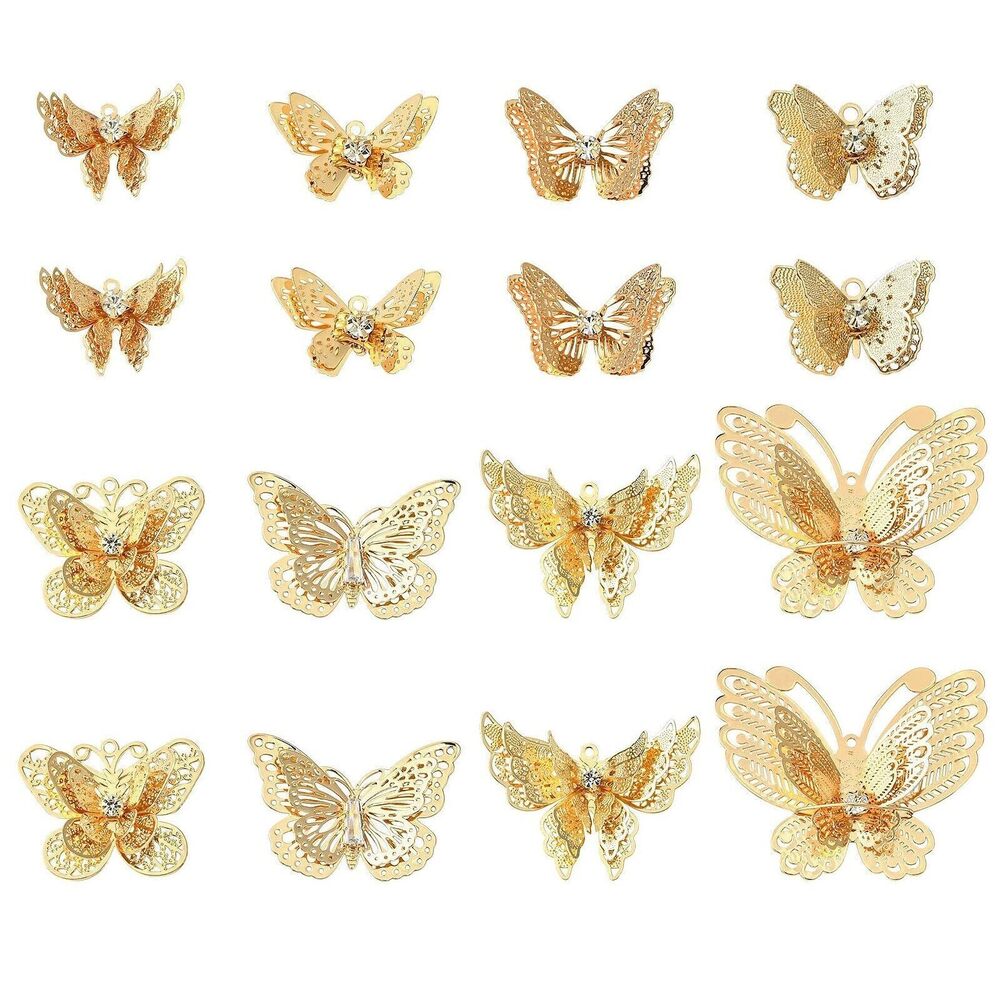 6698 16pcs 8 Styles Hollow Butterfly Brass Charms with Rhinestone Metal